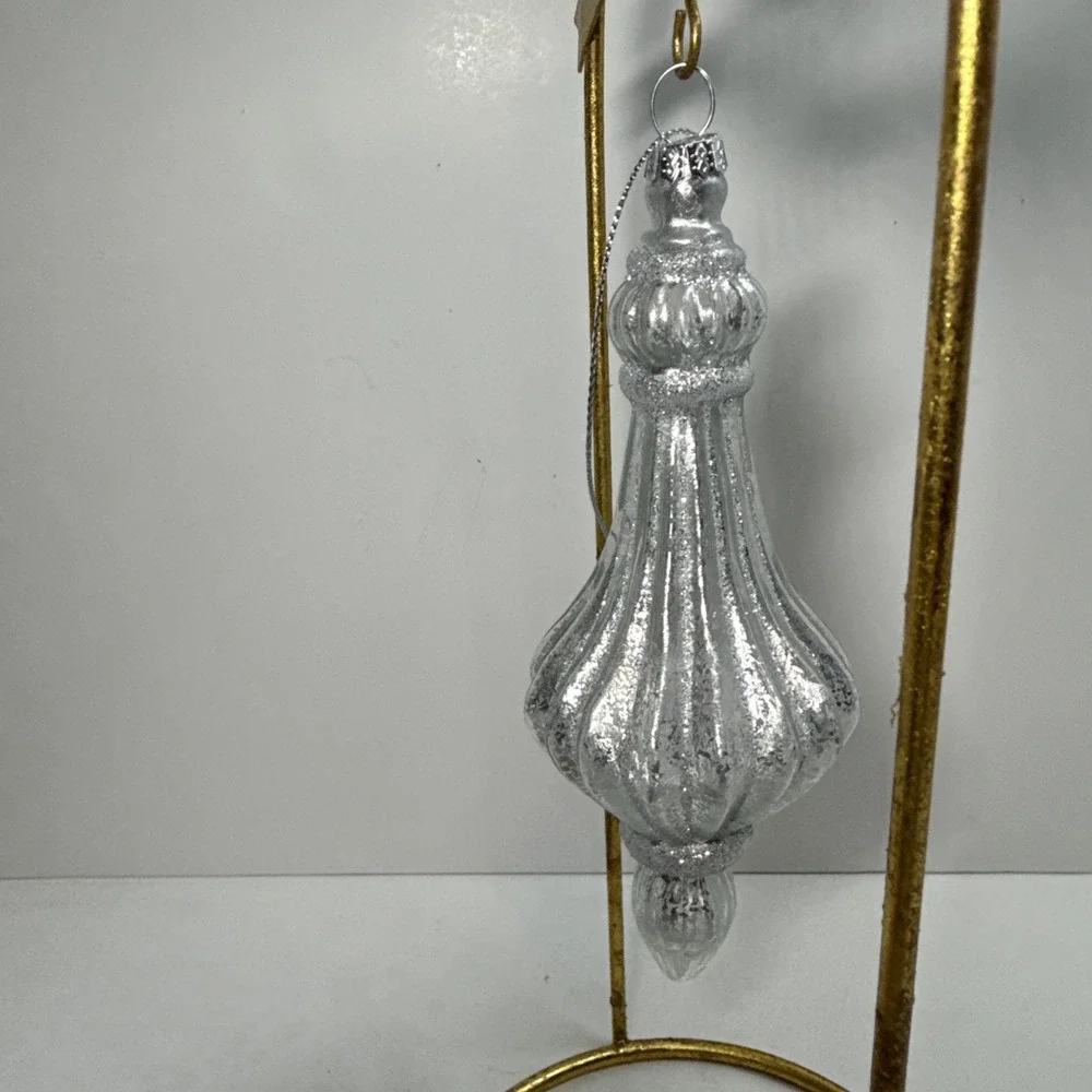 Set (2)‎ Silver and glittered mercury glass blown finial shaped ornaments 6 in